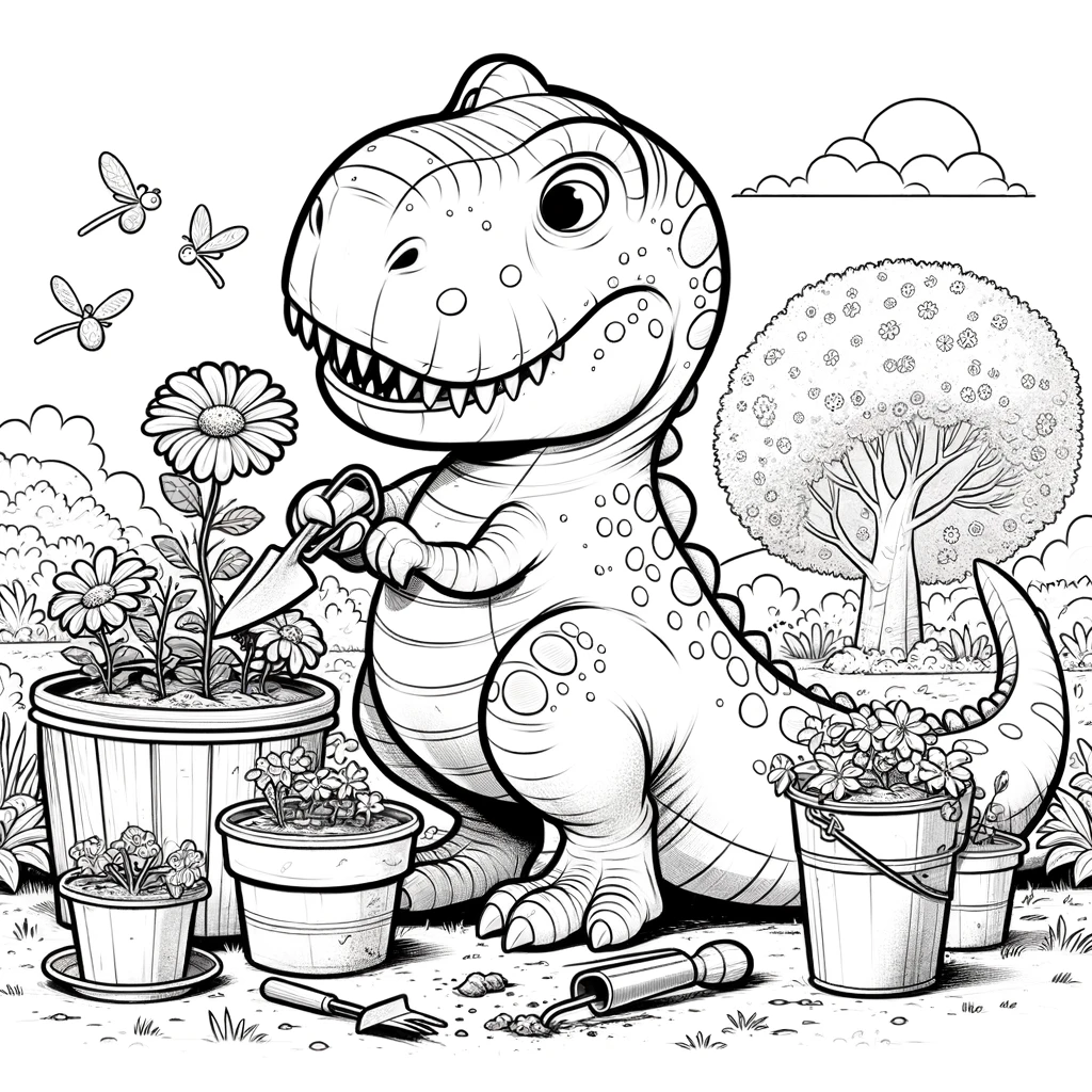 Coloriage T-rex jardin